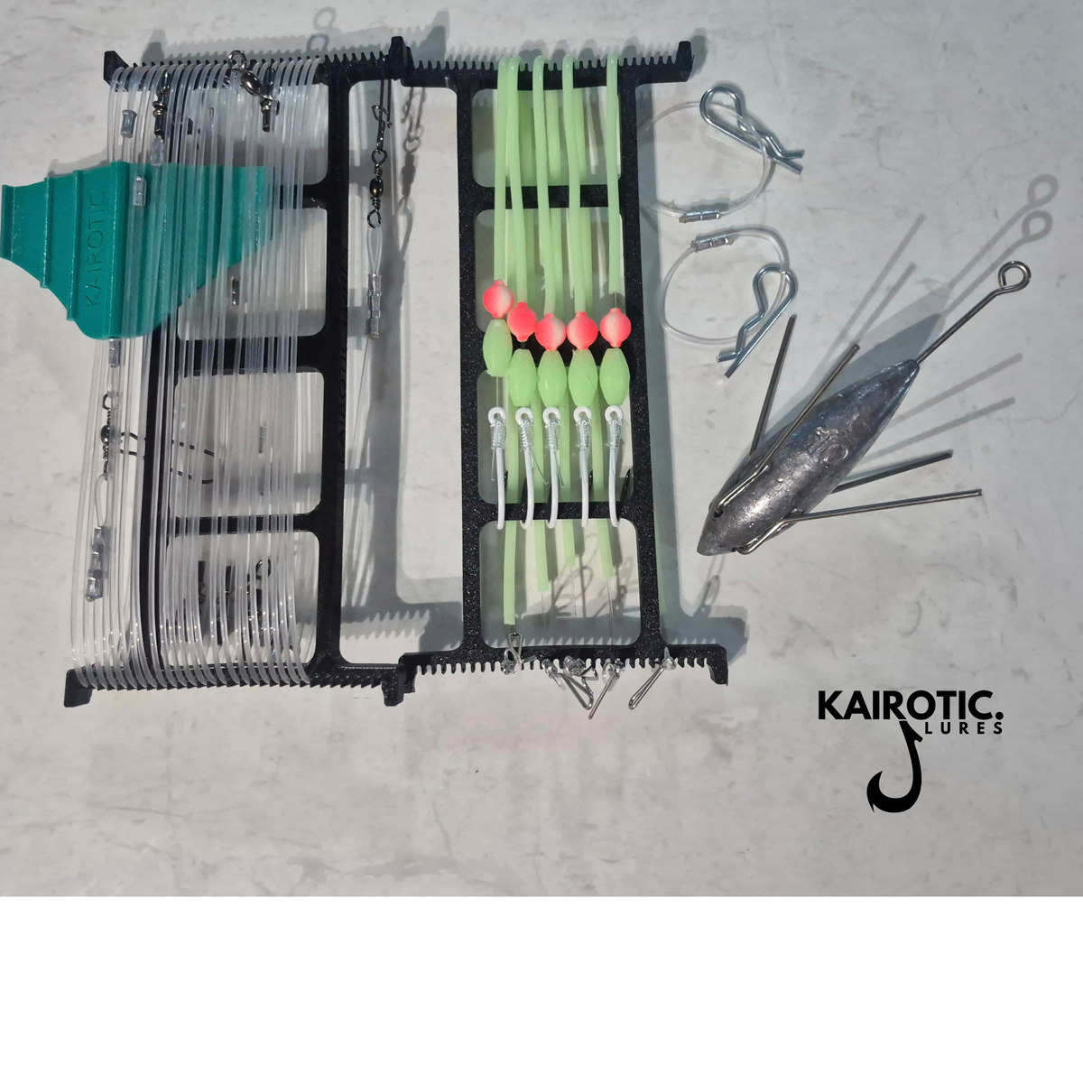 Complete Drone Fishing rig, backbone, traces, breakaway sinker and drone connection with Kairotic saftey clips.